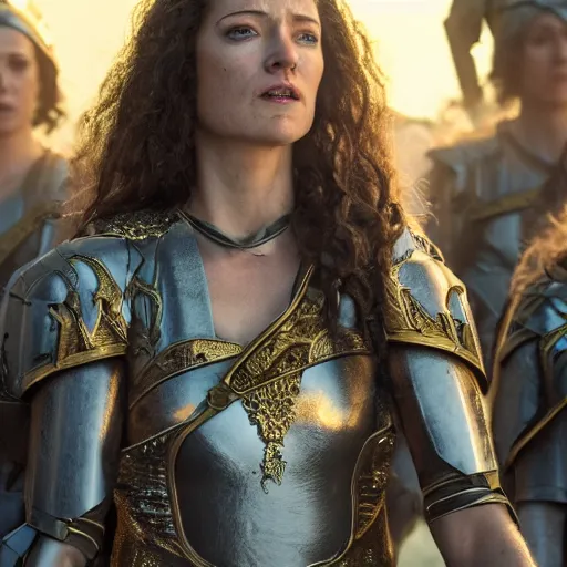 Image similar to the goddesses fraya going to war with her army, golden hour, 8 k uhd, high detail, awe - inspiring.