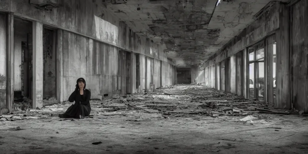 Prompt: woman sitting alone in a derelict mall. the room is dark with only a pit of light shining on her. 4k hyperrealistic. Cinematic shot