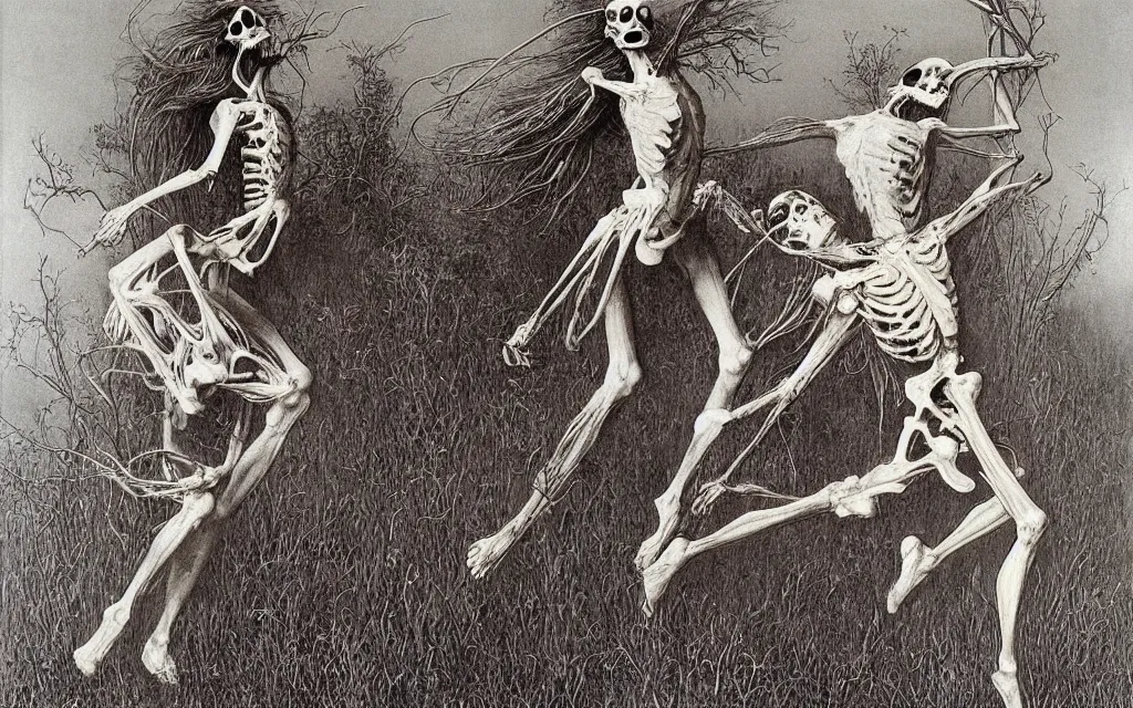 Image similar to eartern european springtime skeleton dancing danse macabre by zdzisław beksinski and gustave dore and alphonse mucha.