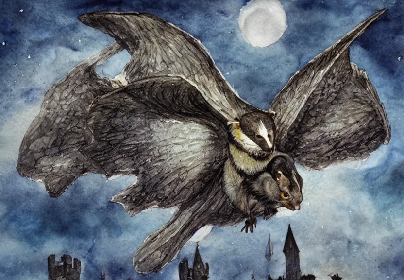 Image similar to epic winged possum flying over a medieval castle under a dark starred sky, dark fantasy, watercolor, dreaming illusion, highly detailed, 4k, trending on Artstation, award-winning