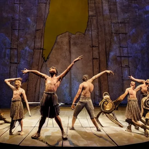 Image similar to award winning Production photo of David and Goliath on broadway, dancing, singing, costumes by Julie Taymor, set design by Julie Taymor