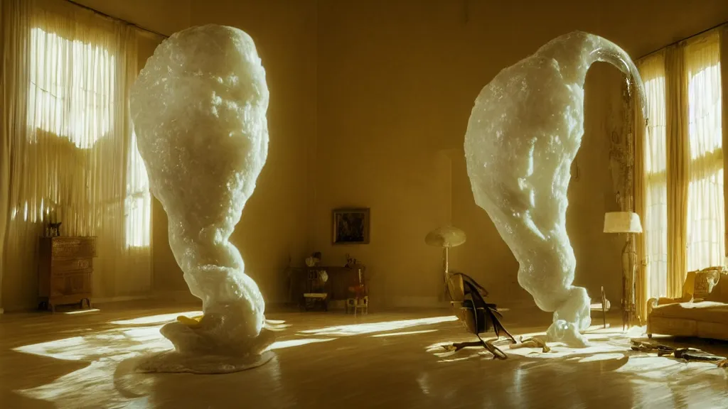 Image similar to a giant hand made of wax and water floats through the living room, film still from the movie directed by Denis Villeneuve with art direction by Salvador Dalí, wide lens