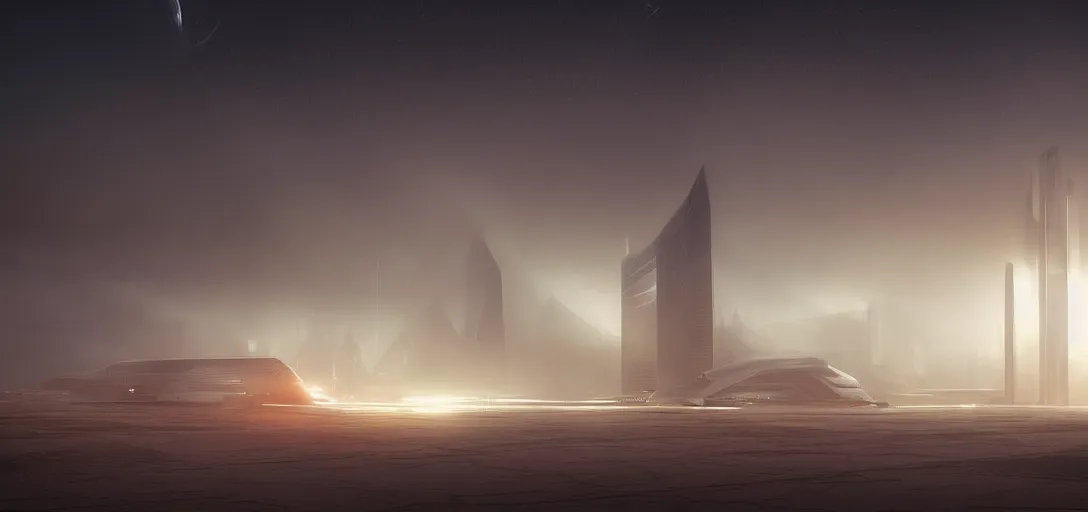 Image similar to view from the desert ground fire night stars of futuristic mechanical blade runner brutalist architecture, radiosity, dense fog, light rays, lens flare, symmetry, cinematic lighting, ultra detailed, sharp, ambient occlusion, bloom, raytracing, by greg rutowski, paul chadeisson and jessica rossier