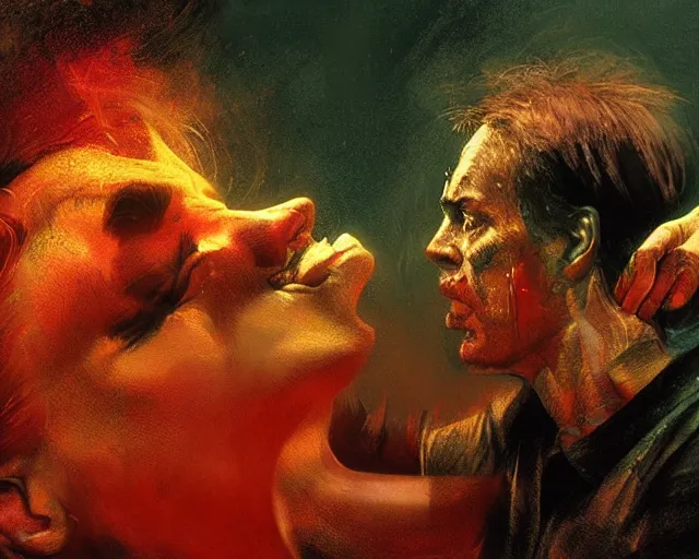 Image similar to underground carnival scene from a 7 0's movie by chris cunningham, kenneth anger and alejandro jodorowsky : : actor pulling an actress out of an animal's mouth : : ultra realistic, concept art, highly detailed by greg rutkowski, craig mullins, simon bisley