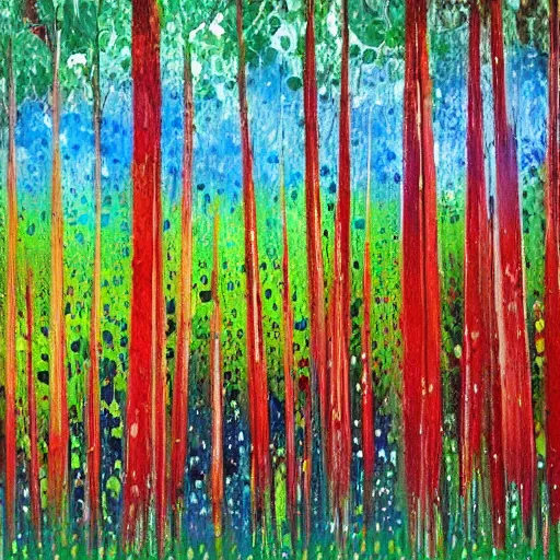 Prompt: paint splatter of a forest with green, blue, red tree trunks. acrylic of canvas, impressionist painting