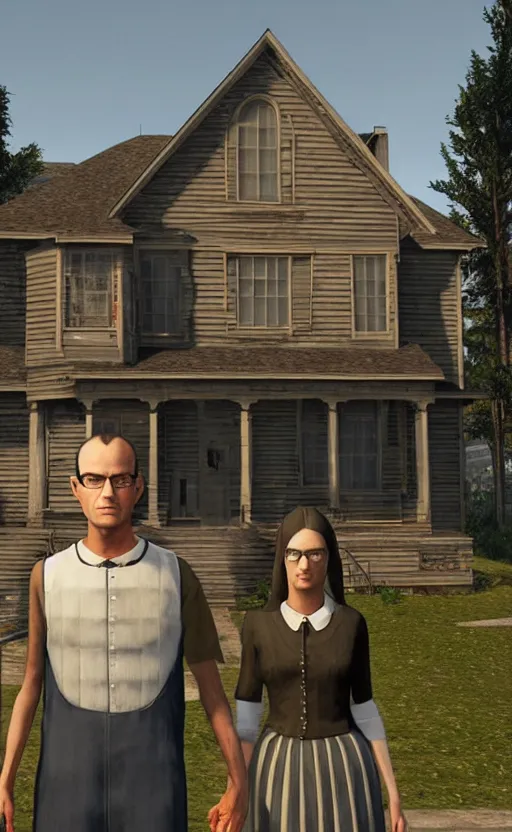 Image similar to American Gothic by Grant Wood in the style of GTA IV, unreal engine, high quality render