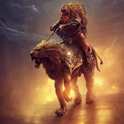 Image similar to a warrior riding on an armored lion, au naturel, hyper detailed, digital art, trending in artstation, cinematic lighting, studio quality, smooth render, unreal engine 5 rendered, octane rendered, art style by klimt and nixeu and ian sprigger and wlop and krenz cushart