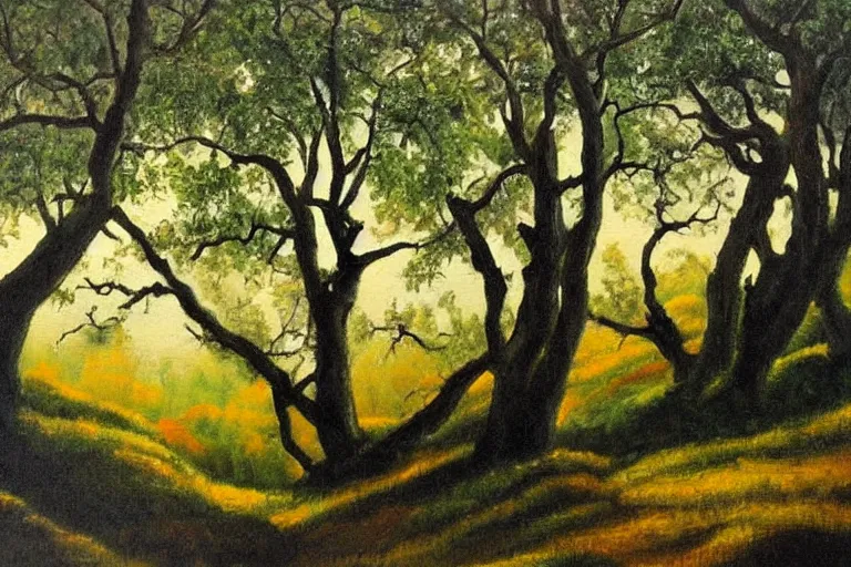 Prompt: masterpiece painting of oak trees on a hillside overlooking a creek, dramatic lighting, by nora collyer