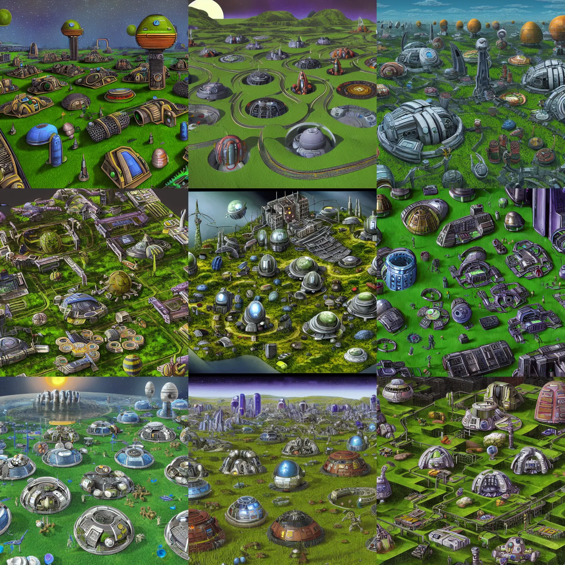 Prompt: offset overhead view of a small colony, with buildings made from modular capsules, on an alien grassland, on an alien planet, from a space themed point and click 2 d graphic adventure game, set design inspired by hg giger and ridley scott, art inspired by thomas kinkade