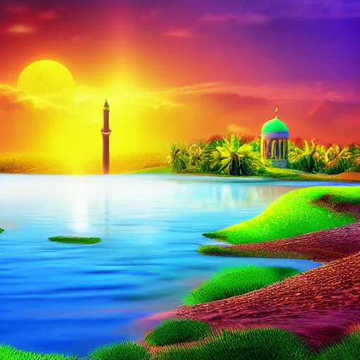 Image similar to muslim and paradise digital art beautiful landscape 4 k quality super realistic