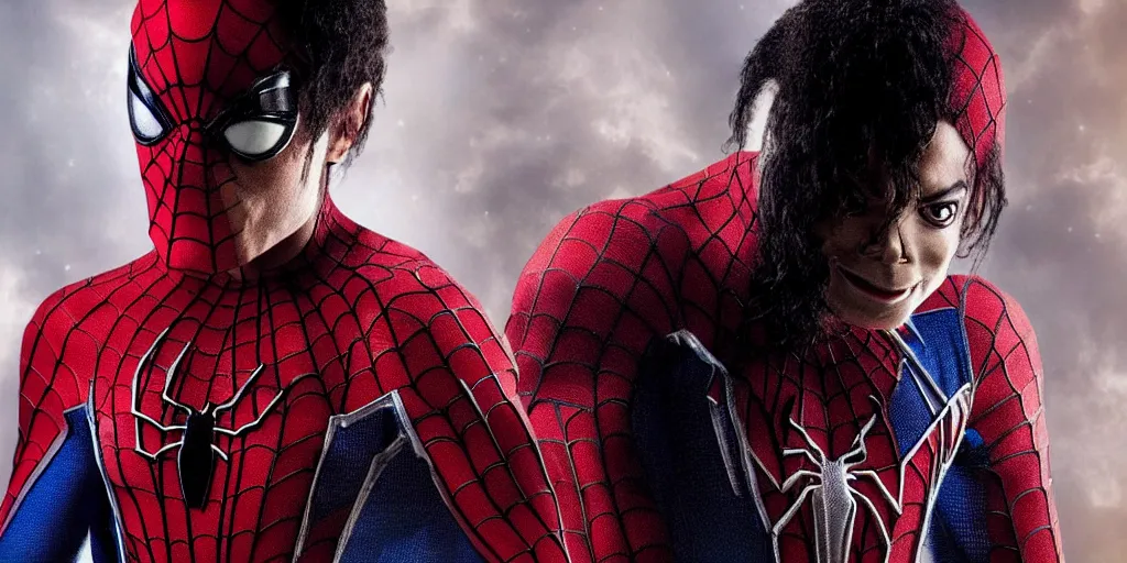 Image similar to Michael Jackson 2000s wears a Spider-Man costume without a mask, poster, MCU, Marvel, ultra realistic, 4K, movie still, UHD, sharp, detailed, cinematic, render, modern