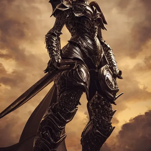 Image similar to highly detailed realistic stunning shot of a beautiful anthropomorphic female dragon knight, doing a majestic and elegant pose, armor made of steel, sharp claws and tail, two wings on her back, HD octane render, epic cinematography, fantasy, Artstation, Deviantart, Furaffinity