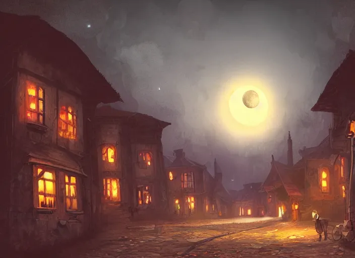 Image similar to medieval vampire village, moon light, gas lighting, stone roads, digital art by sparth