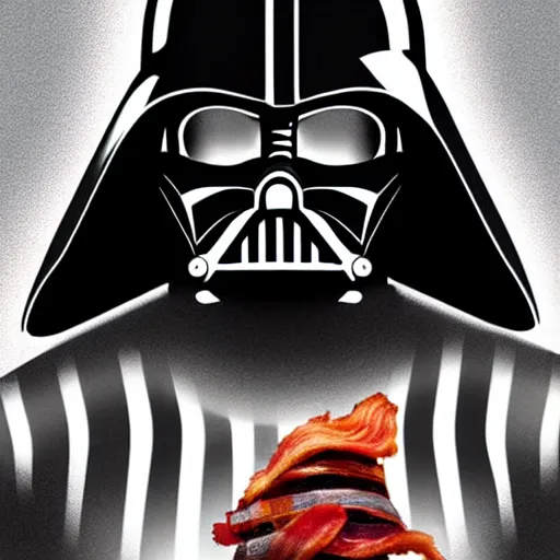 Image similar to darth vader putting stips of bacon on his helmet, digital art, photorealistic, hyperdetailed