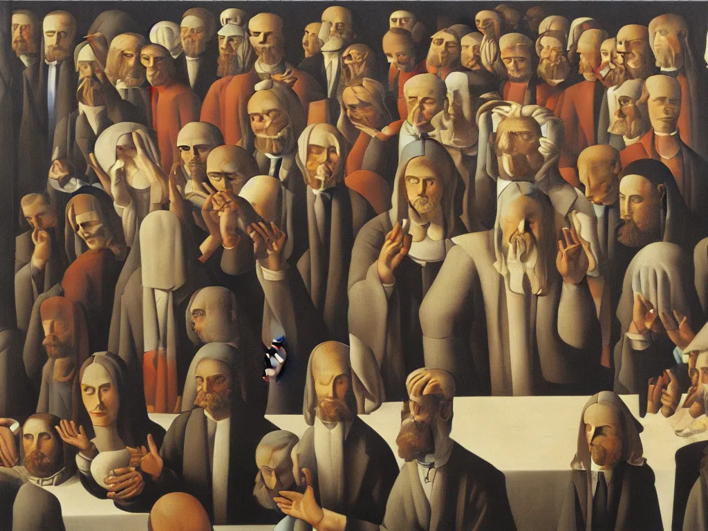 Image similar to crowded last supper painting magritte, renaissance, american gothic