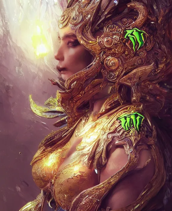 Image similar to monster energy drink, fantasy, intricate, elegant, highly detailed, vivid color, digital painting, artstation, concept art, art by artgerm and and ruan jia