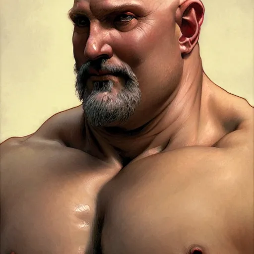 Image similar to Chunky Ethan Van Sciver as a Greek god, bald head, grey beard, gorgeous, amazing, muscular, fat, intricate, highly detailed, digital painting, artstation, concept art, sharp focus, illustration, art by greg rutkowski and alphonse mucha