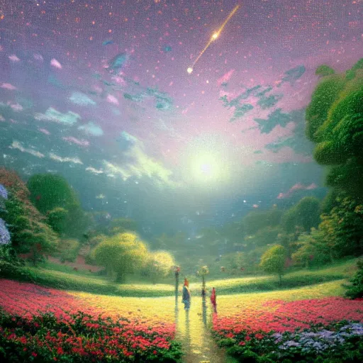 Prompt: meteor shower in a floral field, by thomas kinkade, trending on artstation, hdr