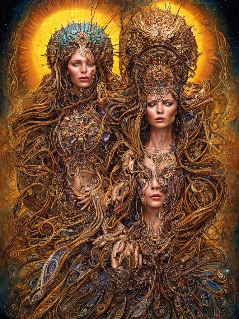 Image similar to fullbody portrait. very complex hyper-maximalist overdetailed cinematic cosmic scifi portrait of an elegant very attractive sun goddess mother of the universe by andrei riabovitchev, tomasz alen kopera, oleksandra shchaslyva and peter morbacher. Extremely ornated and decorative. Fancy luxury beautiful. Omnious intricate. Secessionist portrait illustration. Goddess of the sky. Focus on face. Artstation. Deviantart. 8k 4k 64megapixel. Rendered by binx.ly.