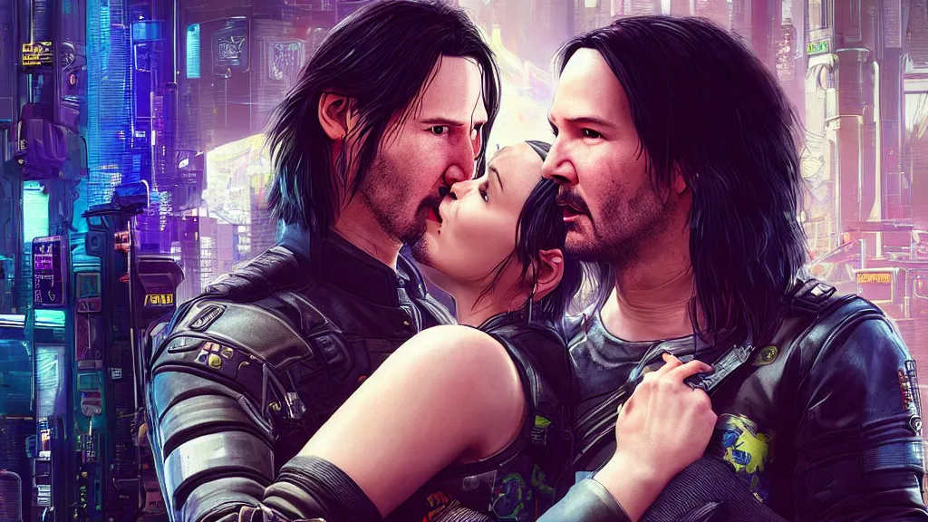 Image similar to a cyberpunk 2077 srcreenshot couple portrait of Keanu Reeves&female android in final kiss,love,film lighting,by Laurie Greasley,Lawrence Alma-Tadema,Dan Mumford,John Wick,Speed,Replicas,artstation,deviantart,FAN ART,full of color,Digital painting,face enhance,highly detailed,8K,octane,golden ratio,cinematic lighting