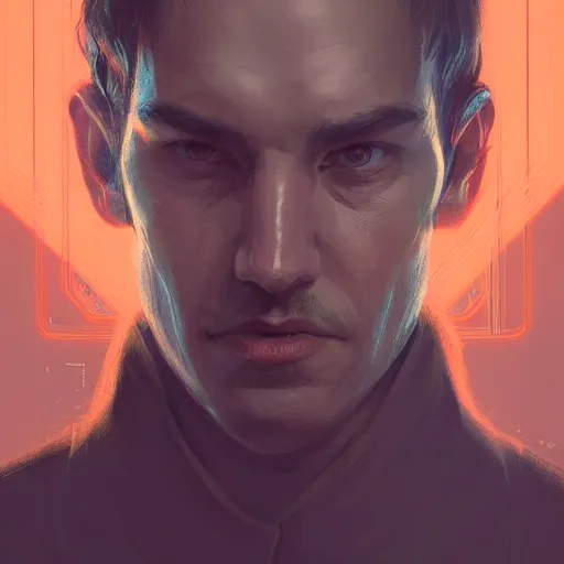 Image similar to Portrait of a man by Greg Rutkowski, symmetrical face, a young man using a VR headset, Kubrick stare, crooked smile, highly detailed portrait, scifi, digital painting, artstation, book cover, cyberpunk, concept art, smooth, sharp foccus ilustration, Artstation HQ