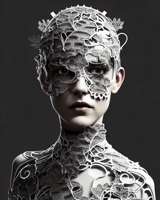 Prompt: monochrome profile portrait painting, silver lace floral steampunk biomechanical beautiful young female cyborg with techno eye, volumetric light, leaves foliage and stems, hibiscus flowers, sinuous fine roots, fine foliage lace, alexander mcqueen, rim light, big gothic fashion pearl embroidered collar, octane render, dutch masters, 8 k