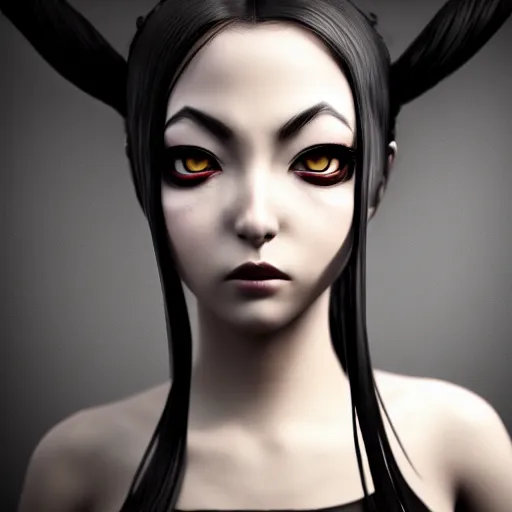 Image similar to photorealistic portrait of angry darkness anime girl, inspired by Tim Burton, detailed, unreal engine 4k