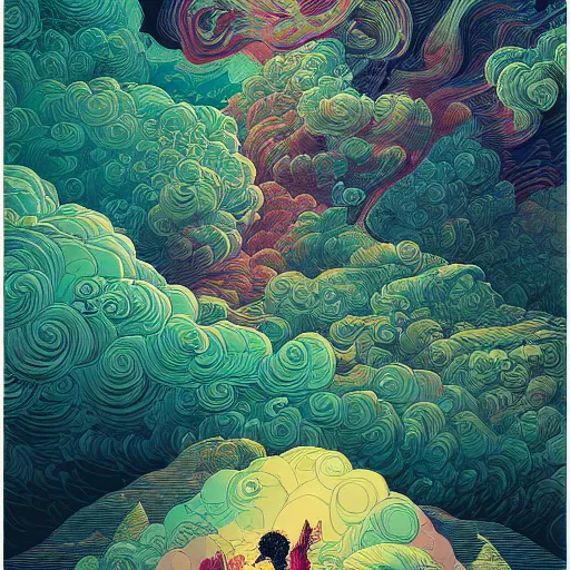 Prompt: hyperdetailed swirling line art Victo Ngai, Kilian Eng vibrant colors, winning-award masterpiece, fantastically gaudy, aestheticly inspired by beksinski and dan mumford, 4K upscale with Simon Stalenhag work, sitting on the cosmic cloudscape