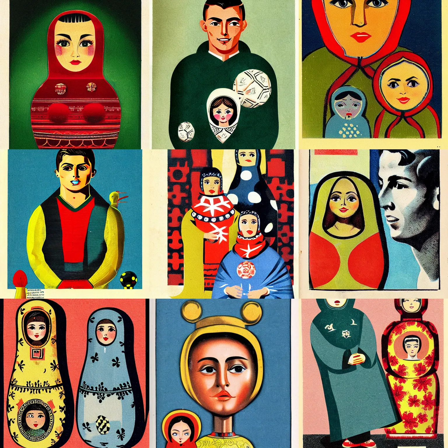 Prompt: matryoshka and Cristiano Ronaldo portrait, vintage magazine illustration 1950