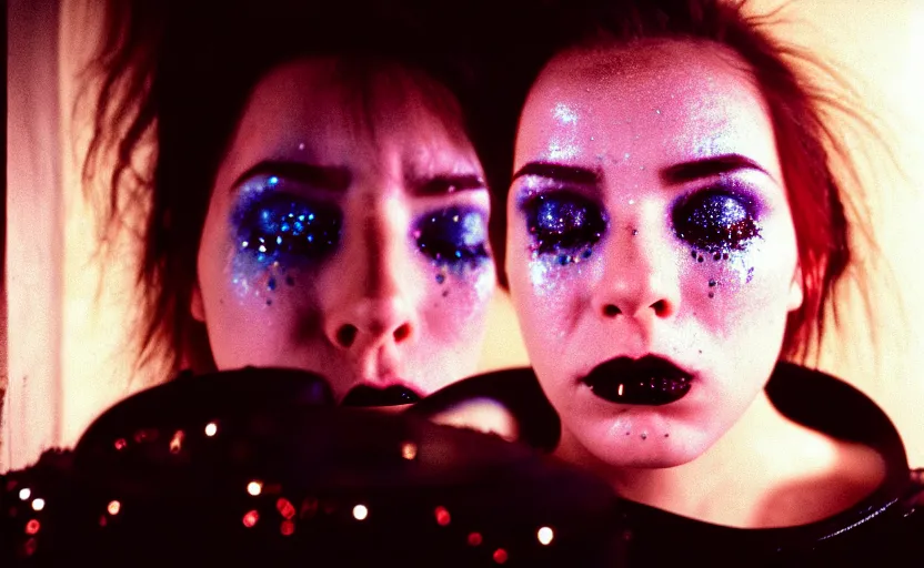 Image similar to cinestill 5 0 d candid photographic portrait by stanley kubrick of a feminine man wearing rugged black techwear and glitter makeup looking in the bathroom mirror, cramped new york apartment, medium closeup, retrofuturism cyberpunk emotional cinematic, light and shadows, 8 k, hd, high resolution, 3 5 mm, f / 3 2, ultra realistic faces