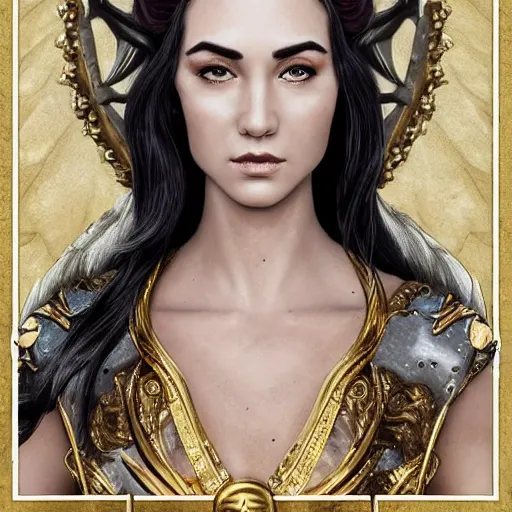 Image similar to side portrait of elven royalty, princess, queen, fantasy, head tilted down, black hair, gold armour, gold jewelry, white skin, detailed face, trending on artstation, gsociety, D&D, elegant, highly detailed, hyperrealistic, realistic eyes, detailed illustration, smooth, sharp focus, upper body, intricate, rule of thirds, holy glow, backlit, hd 4k by Greg Rutkowski, Alphonse Mucha, Ayami Kojima, Charlie Bowater, Kentaro Miura, Karol Bak