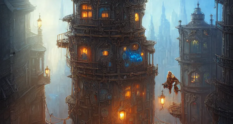 Image similar to landscape painting of fantasy metal steampunk city that has a light blue glow with walkways and lit windows and a fine detailed hooded thief in browns leathers climbing one of the tall buildings using a rope, fine details, magali villeneuve, artgerm, rutkowski