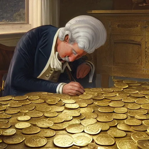 Image similar to a closeup photorealistic photograph of a happy George Washington inspecting small gold Doubloon coins at his home on Cherry Street. This 4K HD image is Trending on Artstation, featured on Behance, well-rendered, extra crisp, features intricate detail and the style of Unreal Engine.