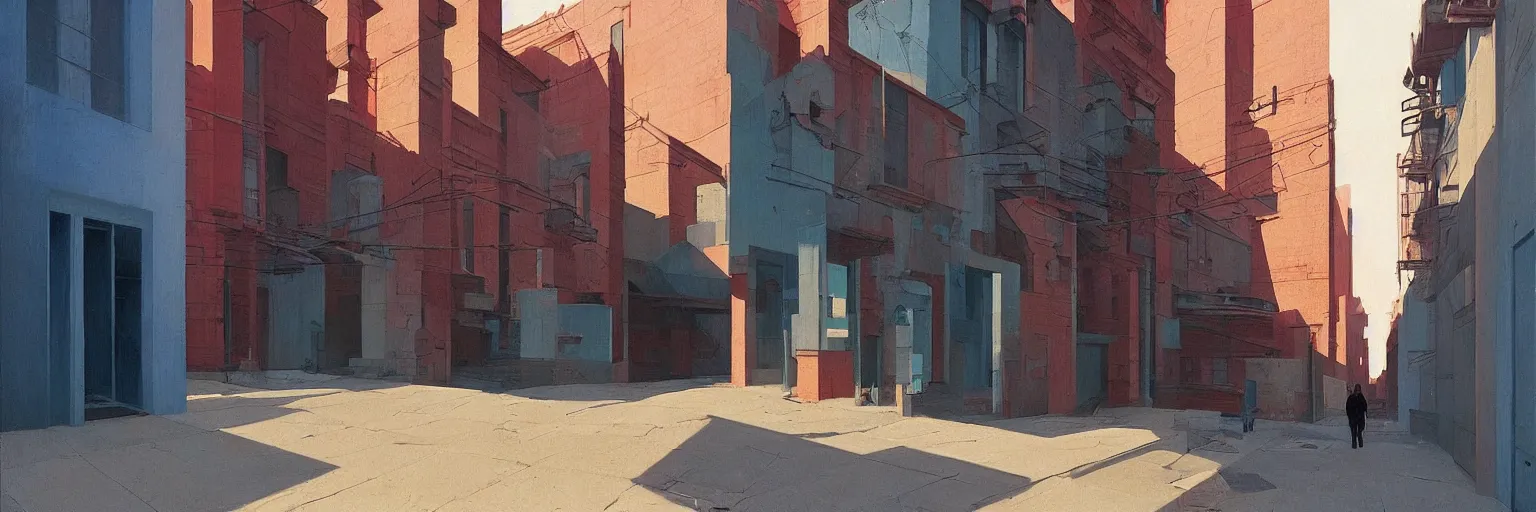 Image similar to city alley by Edward Hopper and James Gilleard, Zdzislaw Beksinski, highly detailed, cool color palette