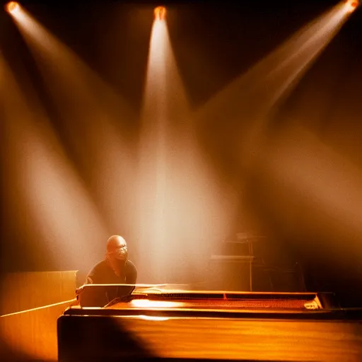 Prompt: stevie wonder sitting at a piano playing music. studio lighting, mood, god rays through fog..