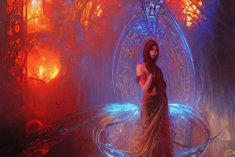 Image similar to arcs of blue flame intertwined with water, glinting particles of ice, dramatic lighting, steampunk, bright neon, holographic secret cyphers, red flowers, solar flares, intricate art by alphonse mucha and greg rutkowski