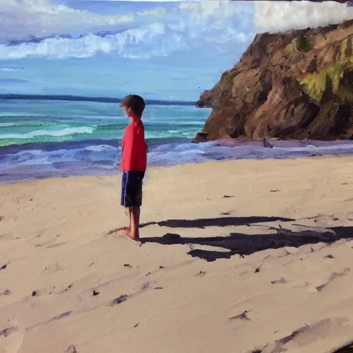 Image similar to 13 year old boy at the n beach, hyperrealistic, lighting