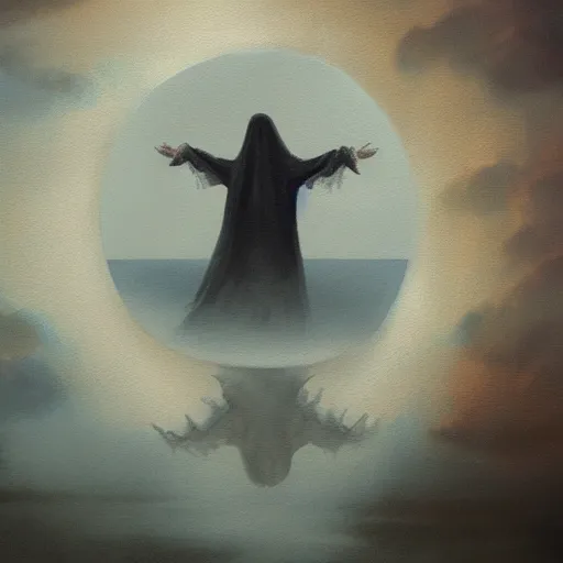 Prompt: ominous bedsheet ghost floating above a lake, oil painting, brush strokes, gloomy misty atmosphere, symmetrical, full body image, highly ornate intricate details,