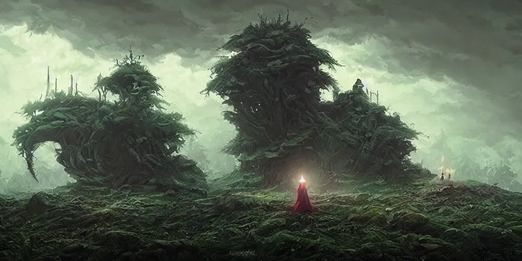 Image similar to ominous and powerful glowing mushroom kingdom, dark fantasy, Greg Rutkowski and Studio Ghibli and Ivan Shishkin