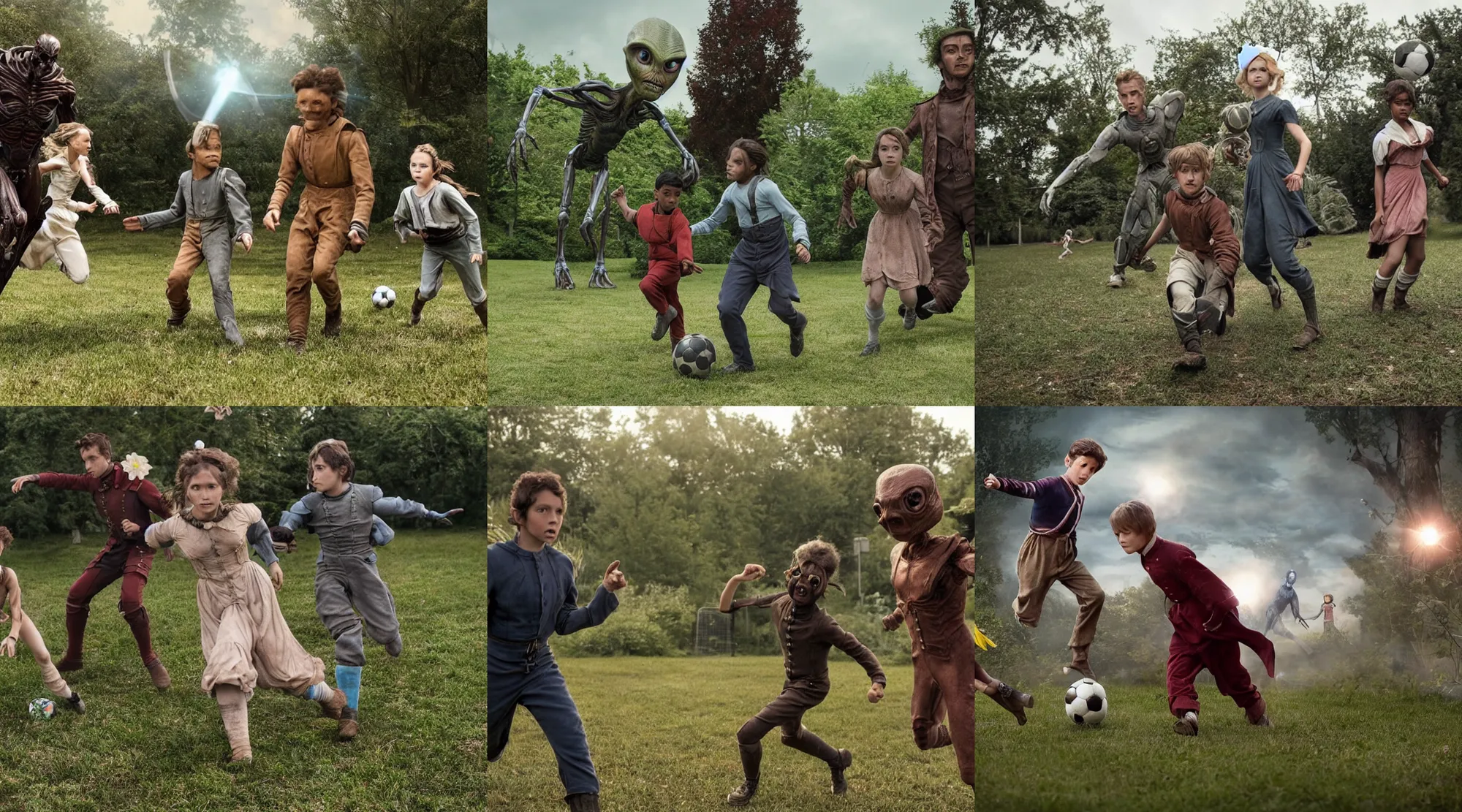 Prompt: still from a sci fi blockbuster movie made in 2022, set in 1860, a boy and a girl are playing soccer with a humanoid alien, boy and the girl are wearing 1850s era clothes, in a park on a strange alien planet full of alien plants and flowers, good lighting, 8k, in focus faces, good photography, oscar winner