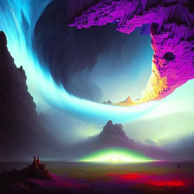 Prompt: the human eye iris, a portal to a fantasy aerial iceland landscape is seen inside the human eye!!!!!, volumetric lighting, colorful, sharp and focus, ultra detailed, beautifully lit landscape, astrophotography, in the art style of dan mumford, ivan aivazovsky and marc simonetti