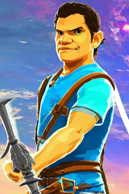 Image similar to an in game portrait of reggie fils aime from the legend of zelda breath of the wild, breath of the wild art style.