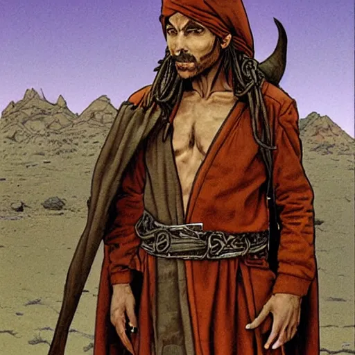 Image similar to Kethlan the elven desert bandit. Robes and turban. Realistic portrait by james gurney and mœbius.