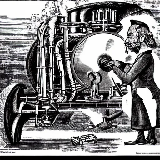 Image similar to industrialist working on a giant steam engine, cartoon