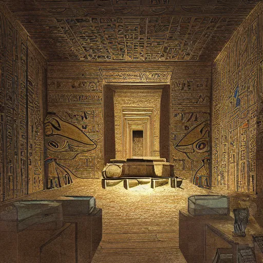 Image similar to an ancient undiscovered egyptian treasure room entirely made of shiny gold, full of ingots and gems and precious, concept art, architecture design, pyramids style, art by de chirico