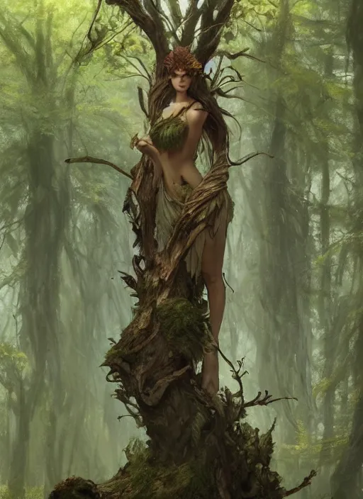 Prompt: a woodland spirit made of wood and moss, growing out of the side of a tree, beautiful high quality fantasy art, trending on artstation by artgerm and greg rutkowski and alphonse mucha