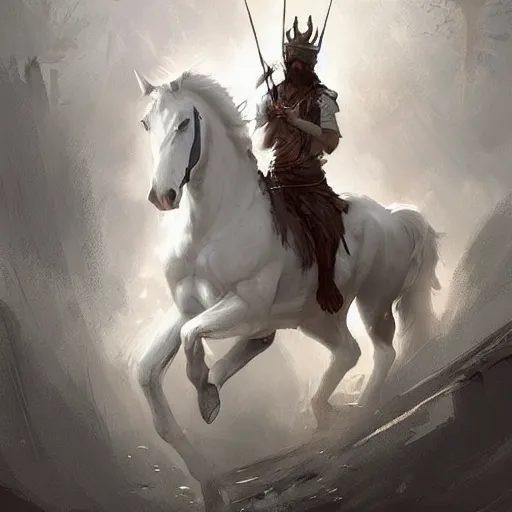 Image similar to a white horse The one who rode him carried arrows and a bow in his hand, and they gave him a crown, digital Art, Greg rutkowski Trending artstation