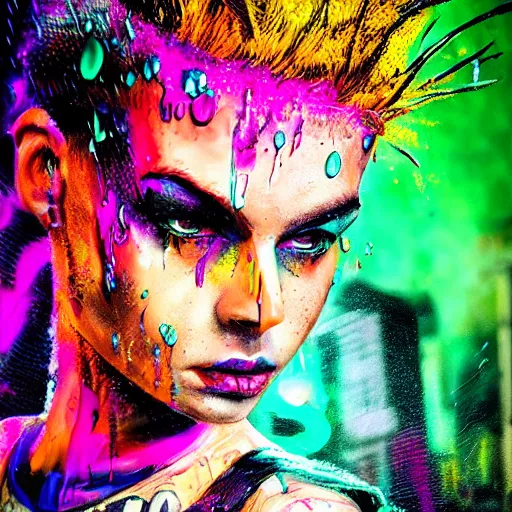 Prompt: splashes of neon, mowhawk, punk portrait made out of paint with rain in the background, trending on artstation, epic composition, emotional, beautiful, rendered in octane, highly detailed, realistic, tim burton comic book art, sharp focus, matte painting