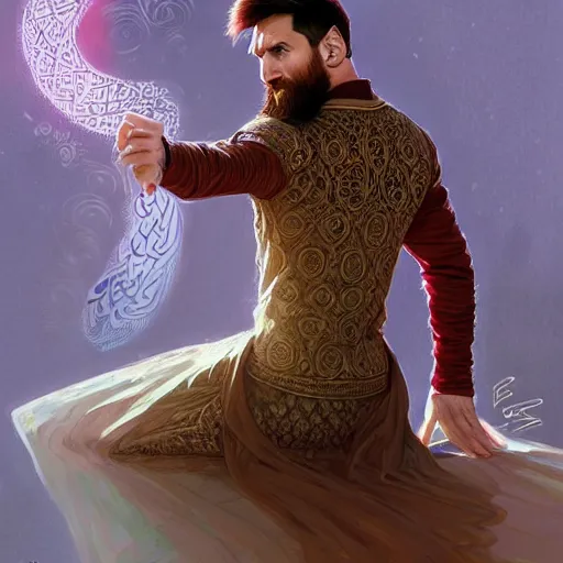 Image similar to lionel messi wearing islamic clothes, doing sujood, d & d, fantasy, intricate, elegant, highly detailed, digital painting, artstation, concept art, matte, sharp focus, illustration, art by artgerm and greg rutkowski and alphonse mucha