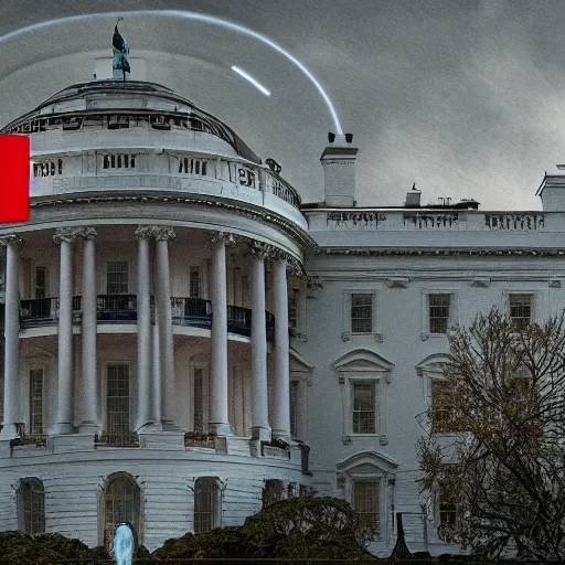 Image similar to live on cnn ufo lands on whitehouse lawn, hyper detailed, dramatic lighting, cgsociety, realistic, hyper detailed, insane details, intricate, dramatic lighting, hypermaximalist, golden ratio, rule of thirds, octane render, weta digital, micro details, ultra wide angle, artstation trending, 8 k,